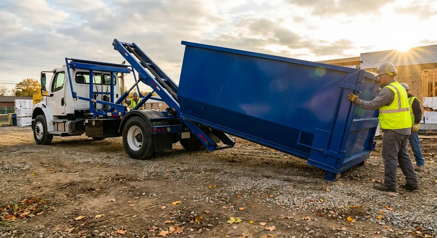 Construction dumpster delivery truck at job site in Chandler, AZ